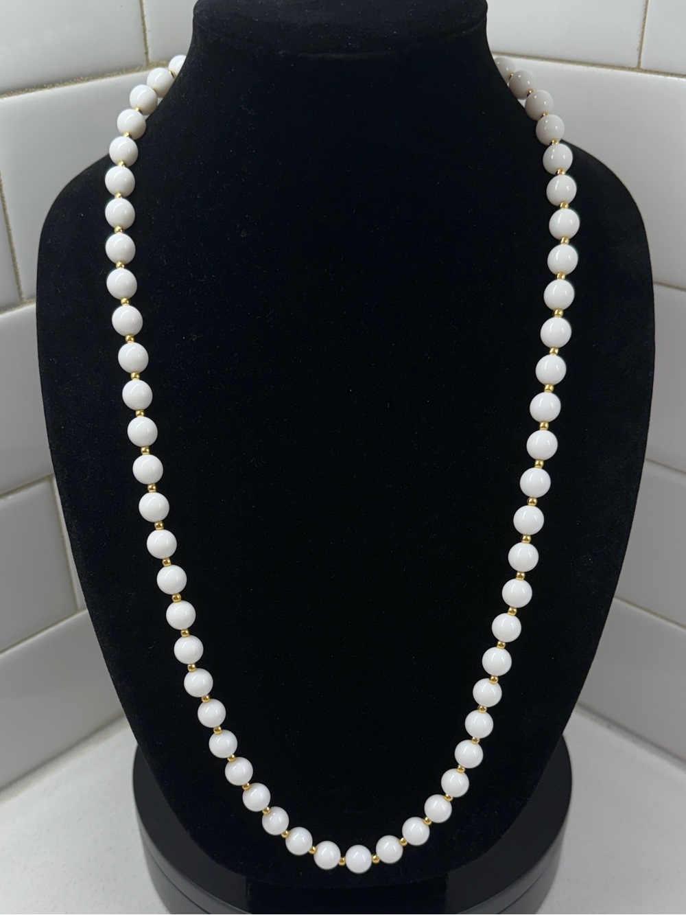 Classic White Bead Necklace with Gold Accents